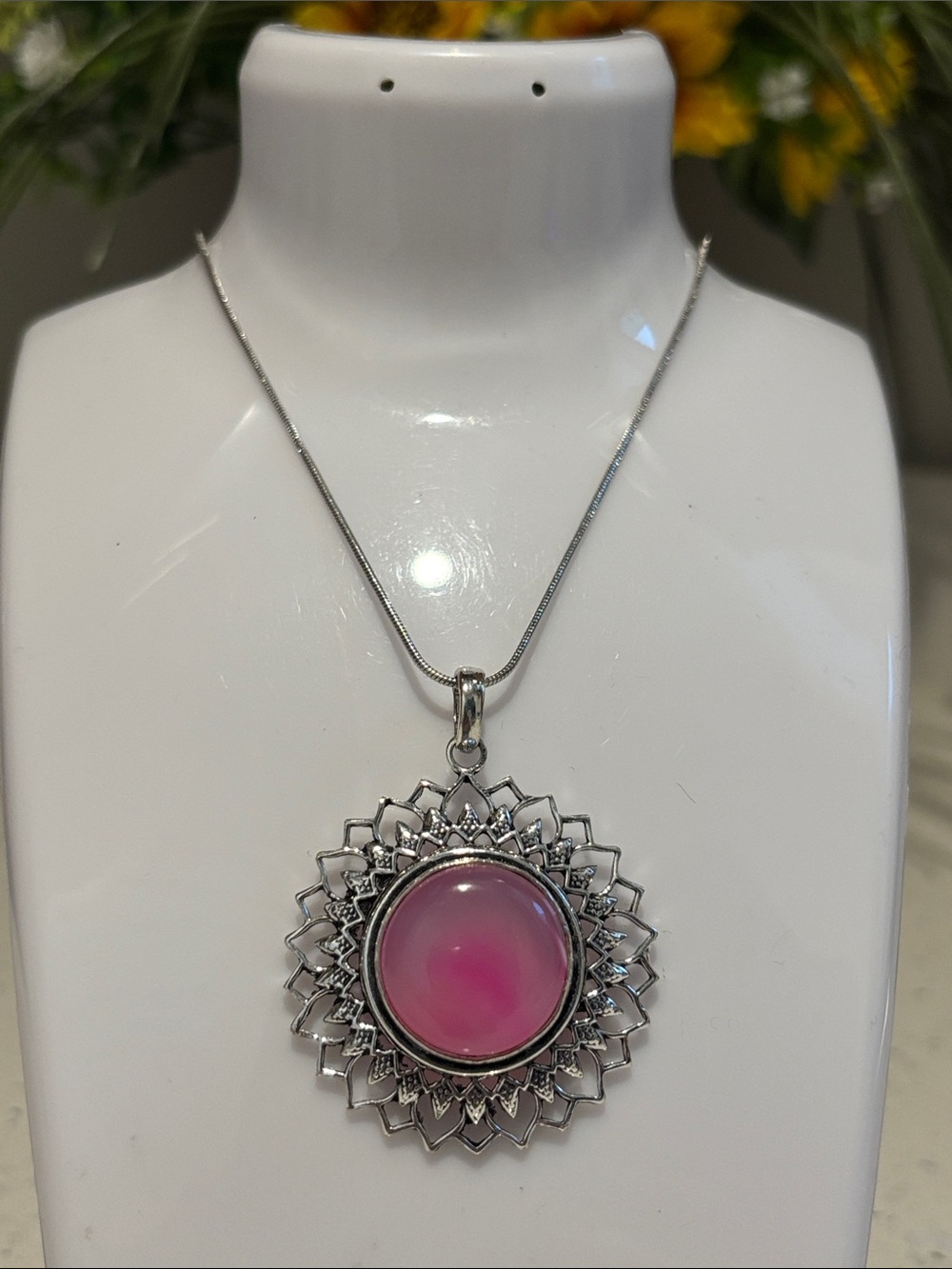 Silver Sunburst Pendant Necklace with Pink Botswana Agate Cabochon